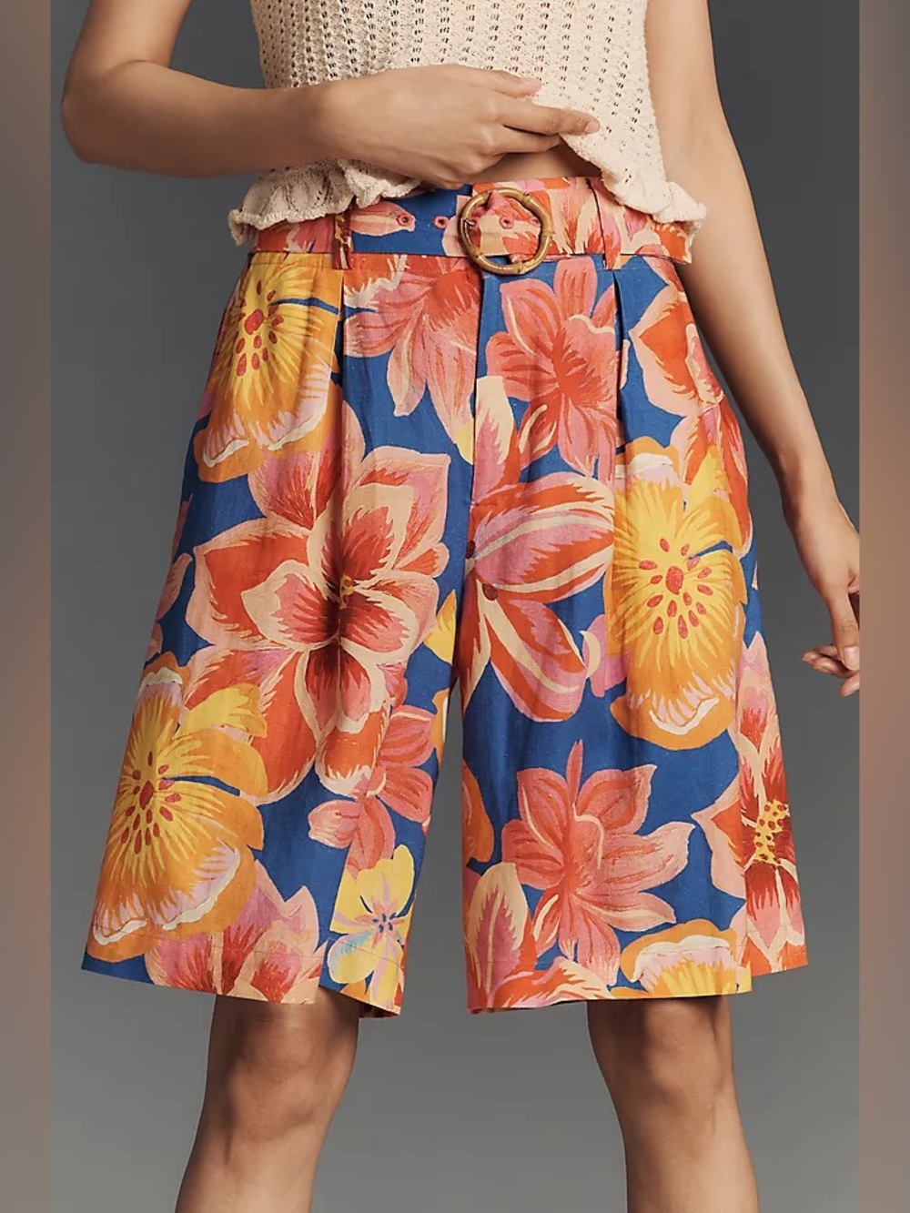 Farm‎ Rio Anthropologie Linen Blend Belted Floral Bermuda Shorts Small
